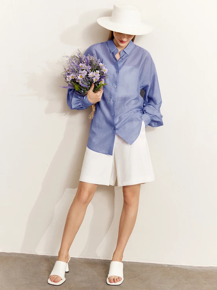 AMII Minimalist Blouse for Women 2023 Autumn Lantern Sleeve V-Neck Slightly Transparent Elegant Commuter Clothing Tops 72341030