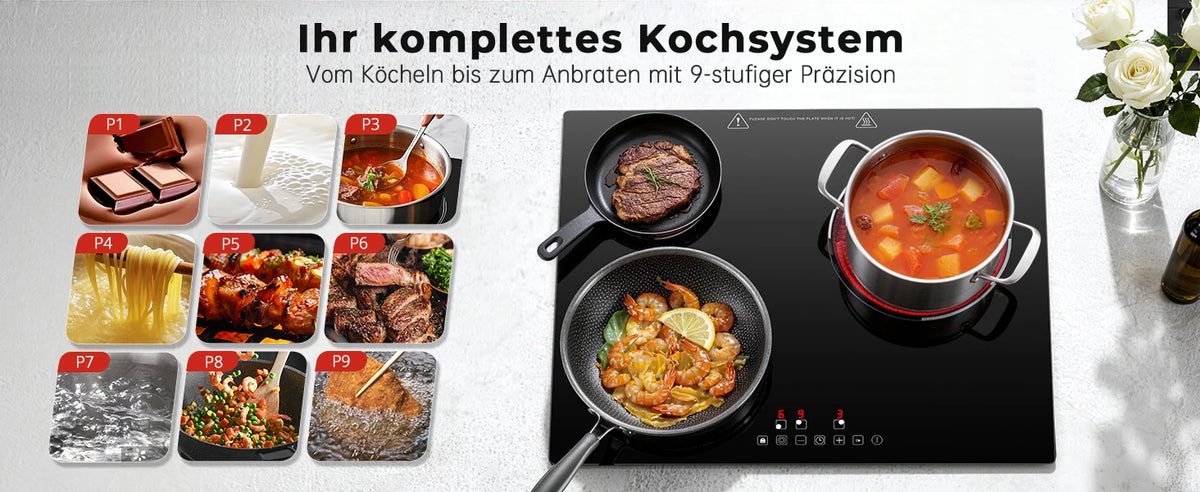 6000W Built-in Ceramic Hob, 4 Zone Induction Cooktop with Touch Control, 9 Power Levels, Timer & Child Lock, 60cm Black Glass