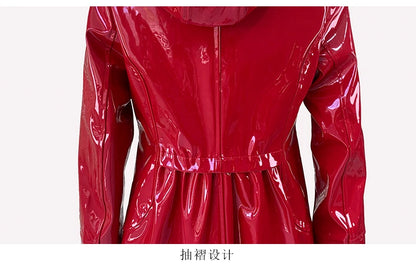 Nerazzurri Spring Fitted Waterproof Shiny Reflective Black Patent Faux Leather Jacket Women with Hood Zipper Red Autumn Clothes