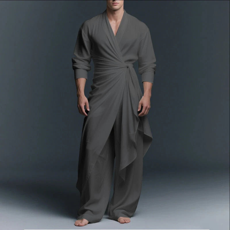 INCERUN Men Sets Solid V Neck Long Sleeve Long Style Shirt & Pants Two Pieces Sets Streetwear Loose Vintage Casual Men's Suit