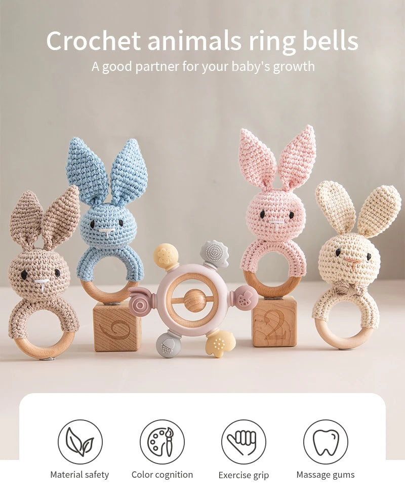 1pc Baby Teether Music Rattles for Kids Animal Crochet Rattle Elephant Giraffe Ring Wooden Babies Gym Montessori Children's Toys