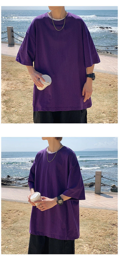 Oversized Summer Short Sleeve Men's T Shirt New Fashion Solid Loose O-Neck T Shirts Mens Cotton Hip Hop Streetwear Top Tees 5XL