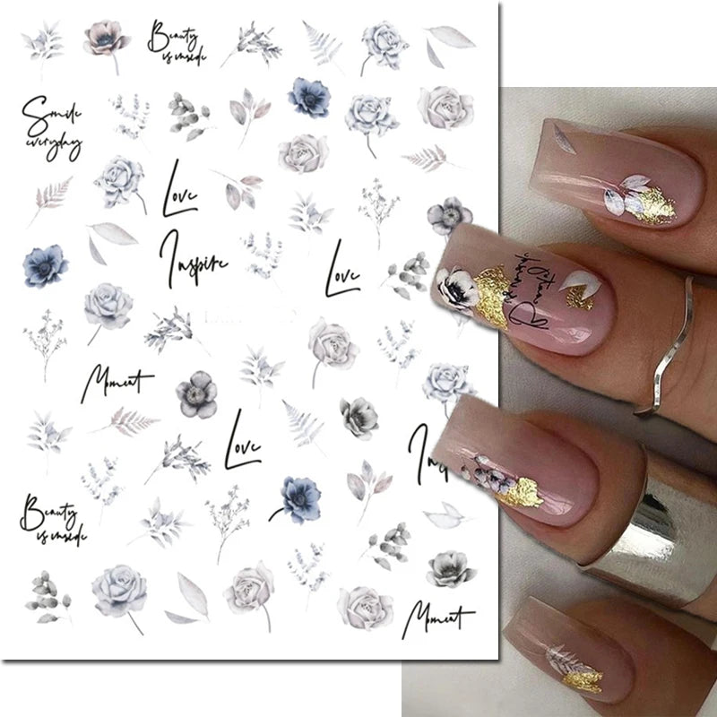 3d Nail Art Decals Elegant White RoyalBlue Roses Flowers Adhesive Sliders Nail Stickers Decoration For Nail Manicure