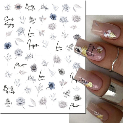 3d Nail Art Decals Elegant White RoyalBlue Roses Flowers Adhesive Sliders Nail Stickers Decoration For Nail Manicure