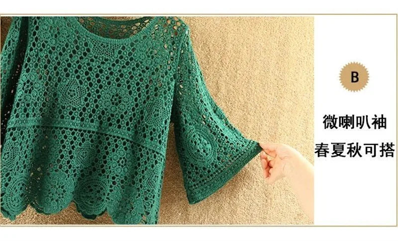 Women's Summer Short Jacket 2025 New Pullover Round Neck Knit Female Sweater Top Loose Fashion Hollowing Out Ladies Lace Tops