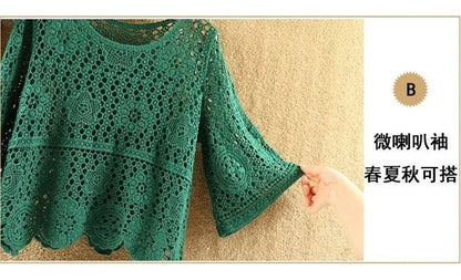 Women's Summer Short Jacket 2025 New Pullover Round Neck Knit Female Sweater Top Loose Fashion Hollowing Out Ladies Lace Tops