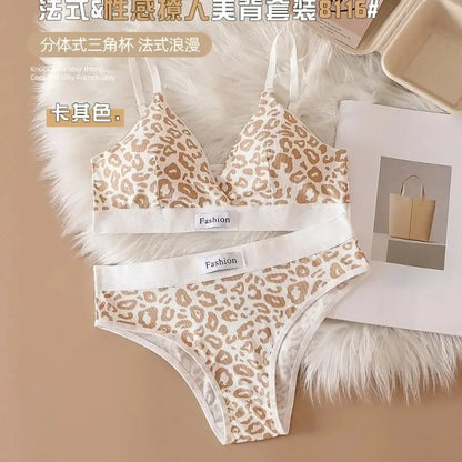 Summer New Women's Leopard Print Traceless and Steel Rim Bra Adjustable Shoulder Strap Back Women's Underwear Set