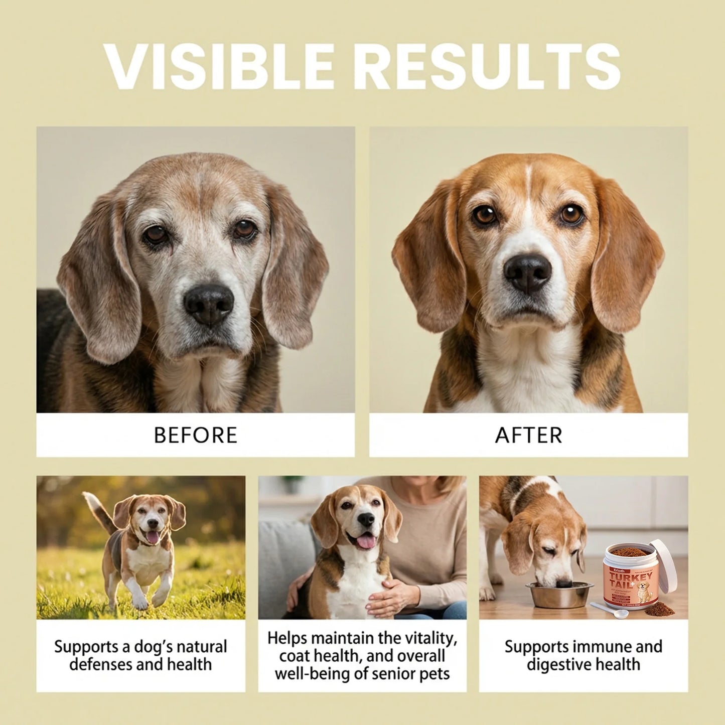 Turkey Tail Mushroom Powder for Dogs, Bacon Flavor Pet Immune Support Joint Hip Gut Health Supplement, Skin Coat Care Powder