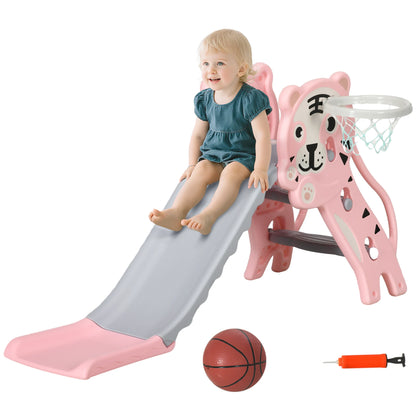 Children’s slide, indoor children’s slide, with a basketball hoop, tiger theme, for 18 to 36 months, pink