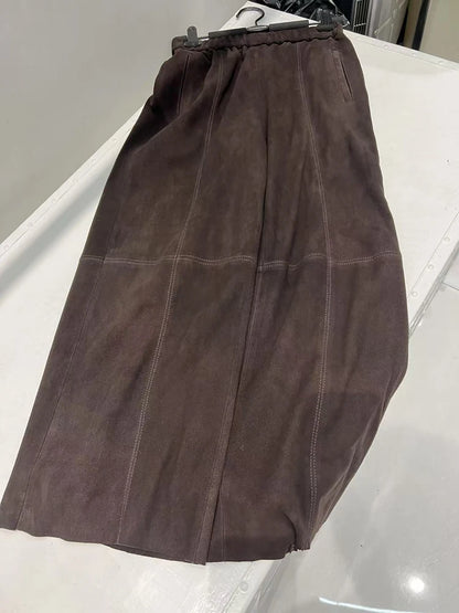 Retro Suede Leather Cropped Pants for Women Femae Genuine Leather Wide Leg Floor Long Trousers Straight Cylinder Spodnie Damskie