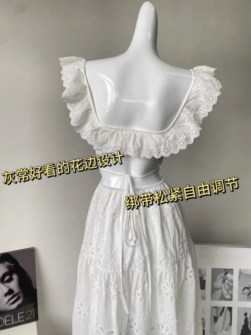 White Embroidered Hollow Out Dress For Women'S Summer Strapless Square Neck With A Unique Open Back Design, Slim Fit Long Skirt