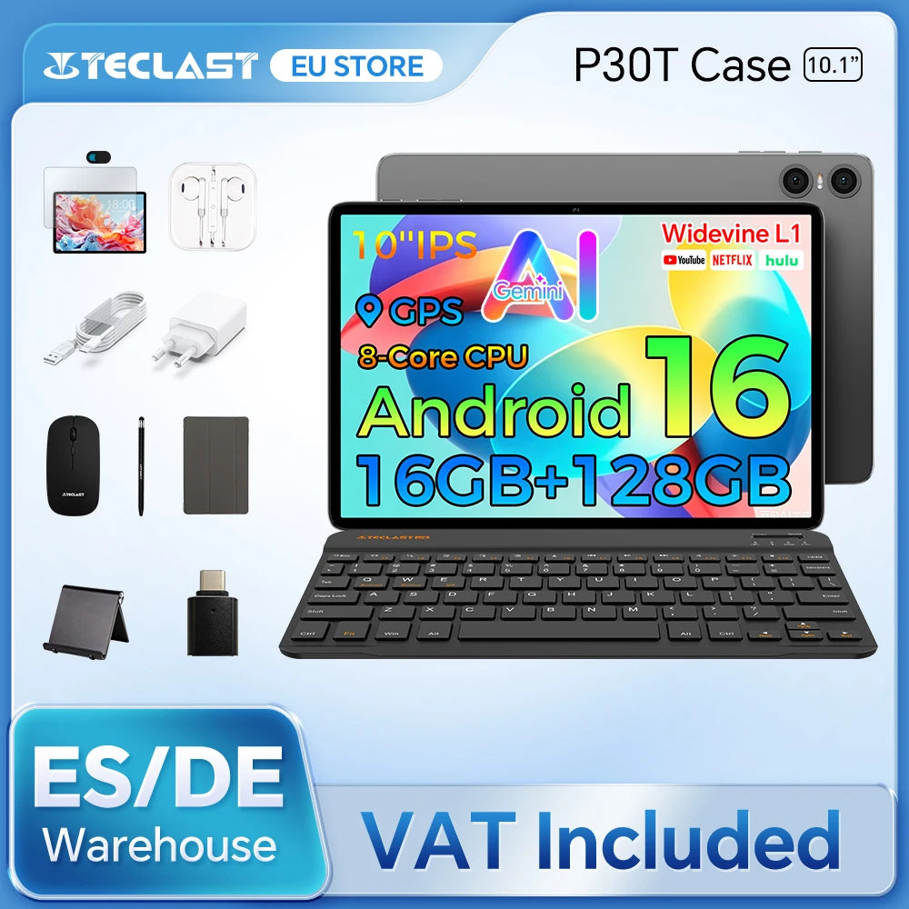 Teclast P30T Set 10.1" Tablet Android 16 Gemini AI Unisoc 8-core CPU 16GB(3GB+13GB Expansion) RAM 128GB ROM 6000mAh Keyboard/Case/Mouse/Stylus/Headphone/Stand