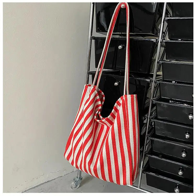 Large Capacity Canvas Women Shopper Tote Simple Striped Shoulder Bag Female Casual Multifunctional Travel Top-handle Handbag