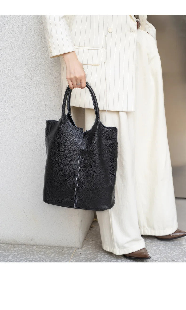 Genuine Grade Leather Women Commuter Tote Bag Ladies Soft Cowhide Tote Shoulder Handbag Large Female Bucket Bag Luxury Designer