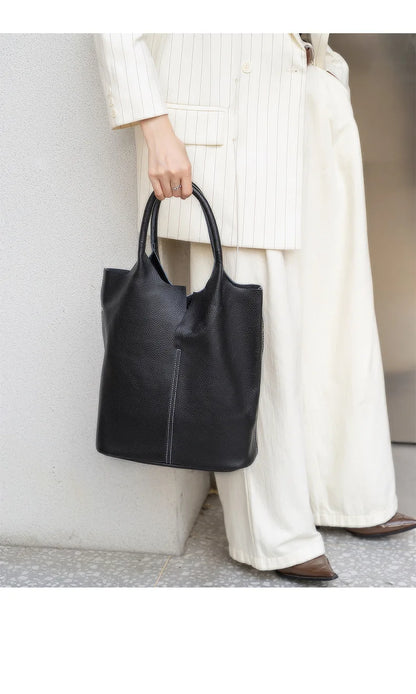 Genuine Grade Leather Women Commuter Tote Bag Ladies Soft Cowhide Tote Shoulder Handbag Large Female Bucket Bag Luxury Designer