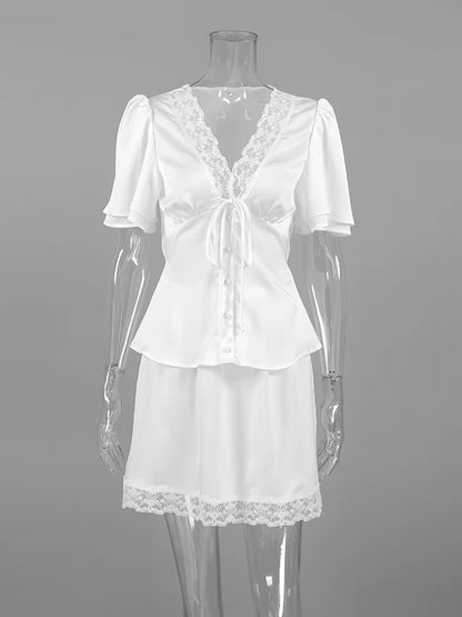 Elegant Satin Lace Patchwork Skirt Two-piece Set V Neck Short Sleeve Lace Up Tops Mini Skirts Suit 2026 New Party Daily Outfits