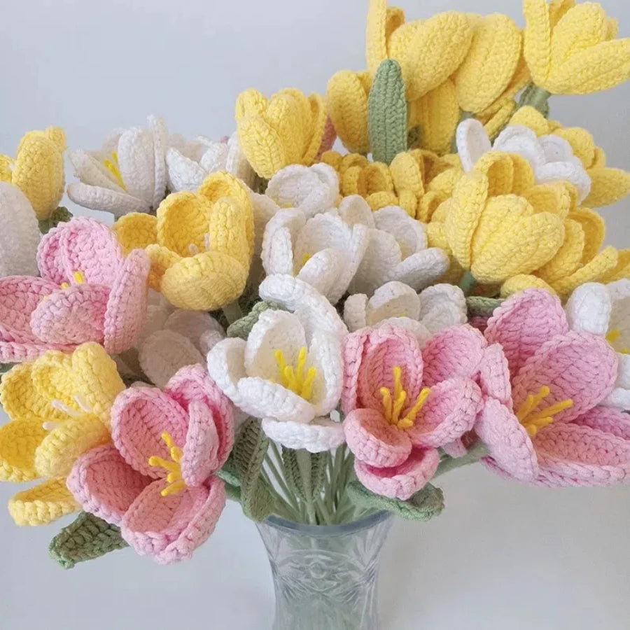 New Hand-Knitted Flowers Artificial Tulips Bouquet Cotton Yarn Crochet Fake Flowers for Wedding Home Table Decor New Year Gifts