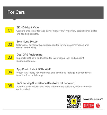 Baseus 3K Dash Cam VD1 Front and Rear Cam HD Built-in GPS Galileo Supercapacitor Car DVR Car Camera Recorder Support 24H Parking