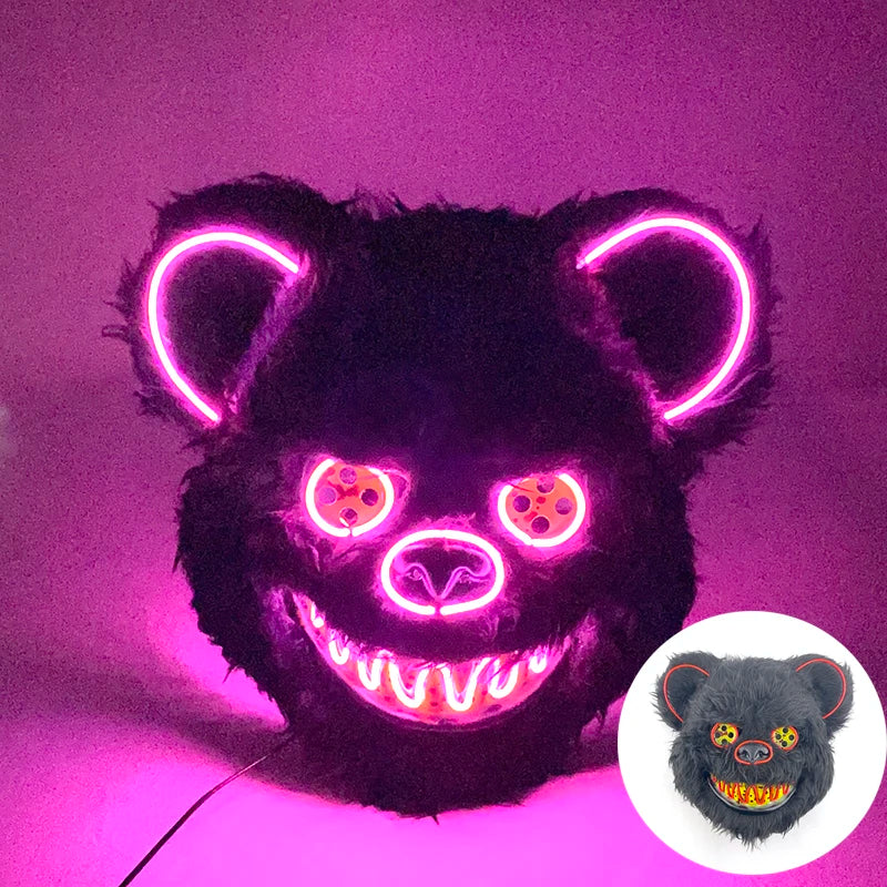 LED Bloody Rabbit Mask Glowing Killer Black Bear Mask Halloween Dance Party Cosplay Costume Props Assassinated Plush Rabbit Mask
