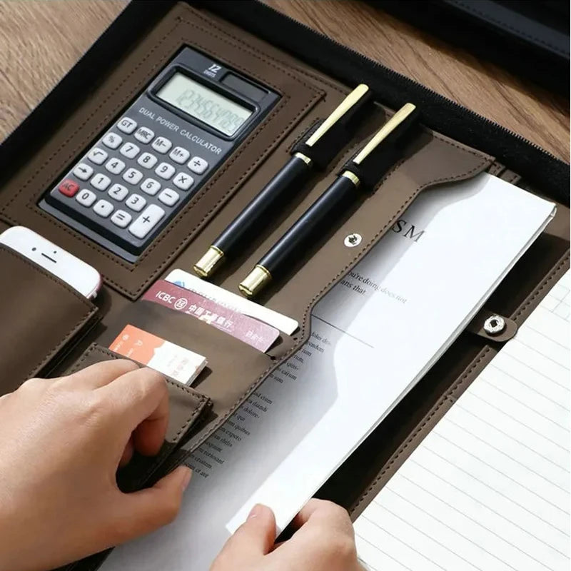 Executive Business A4 Leather Portfolio Folder Clipboard for Zippered Desk Organizer Document Briefcase Calculator for Office