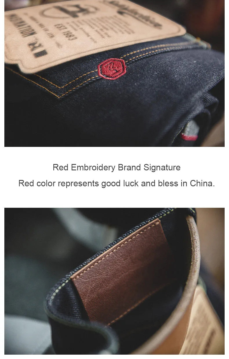 Maden Retro 14.5oz Selvedge Raw Denim for Men's Jeans with YKK Zipper Fly Embroidery Straight Jeans Classic Solid Color Trousers