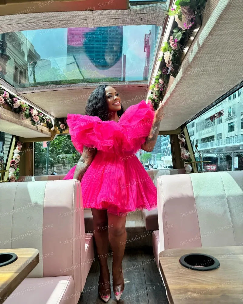O-neck Hot Pink Ruffled Layered Fuchsia Mini Length Oganza Party Dress Ever Pretty Custom Made Cocktail Dresses Ever Pretty
