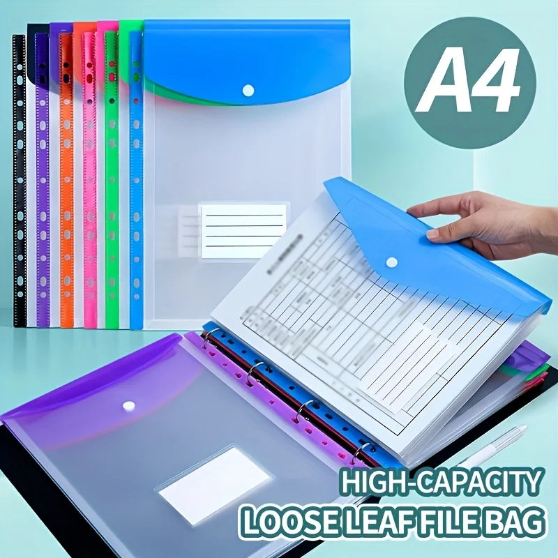 6PCS A4 Binder Pockets File Bags,11-Hole Expanding Binder,Transparent File Bag with Record Label,Suitable for Office,School,Home