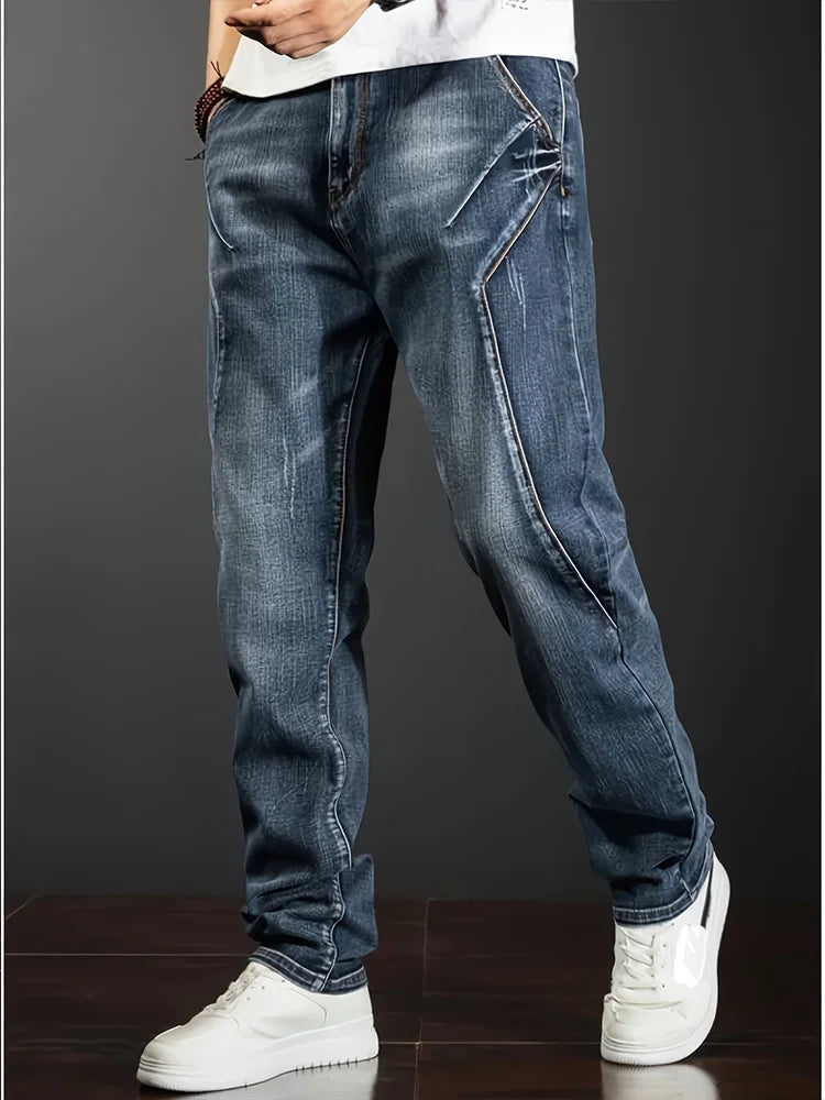 Men's New Straight Leg Stretchable Jeans Casual Pants with Personality Design Comfortable Fit Modern Style
