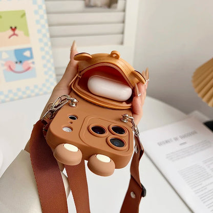 For iPhone 17 16 15 14 13 12 11 XR Xs 6 6s 7 8 SE Pro Max mini Plus e Capybara head Wallet Case With Accessories