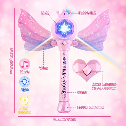 Children's Bubble Machine, Glowing Princess Bubble Stick, with Music and Detachable Wings, Outdoor Indoor Garden Party Toy
