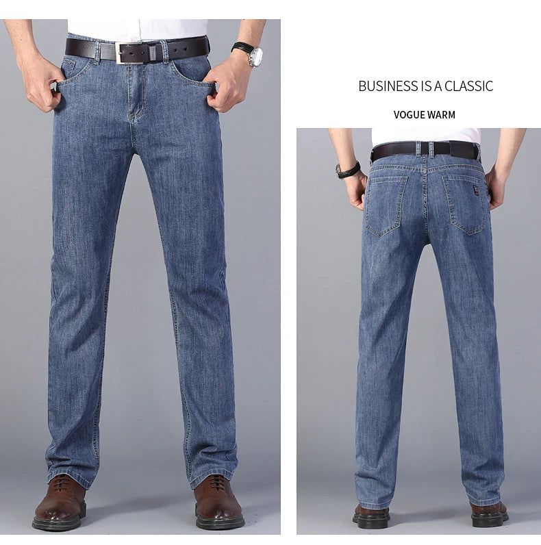Summer New Elastic Men's Jeans Fashion Comfortable Business Straight Stretch Cotton Casual Denim Pants Brand Male Thin Trousers
