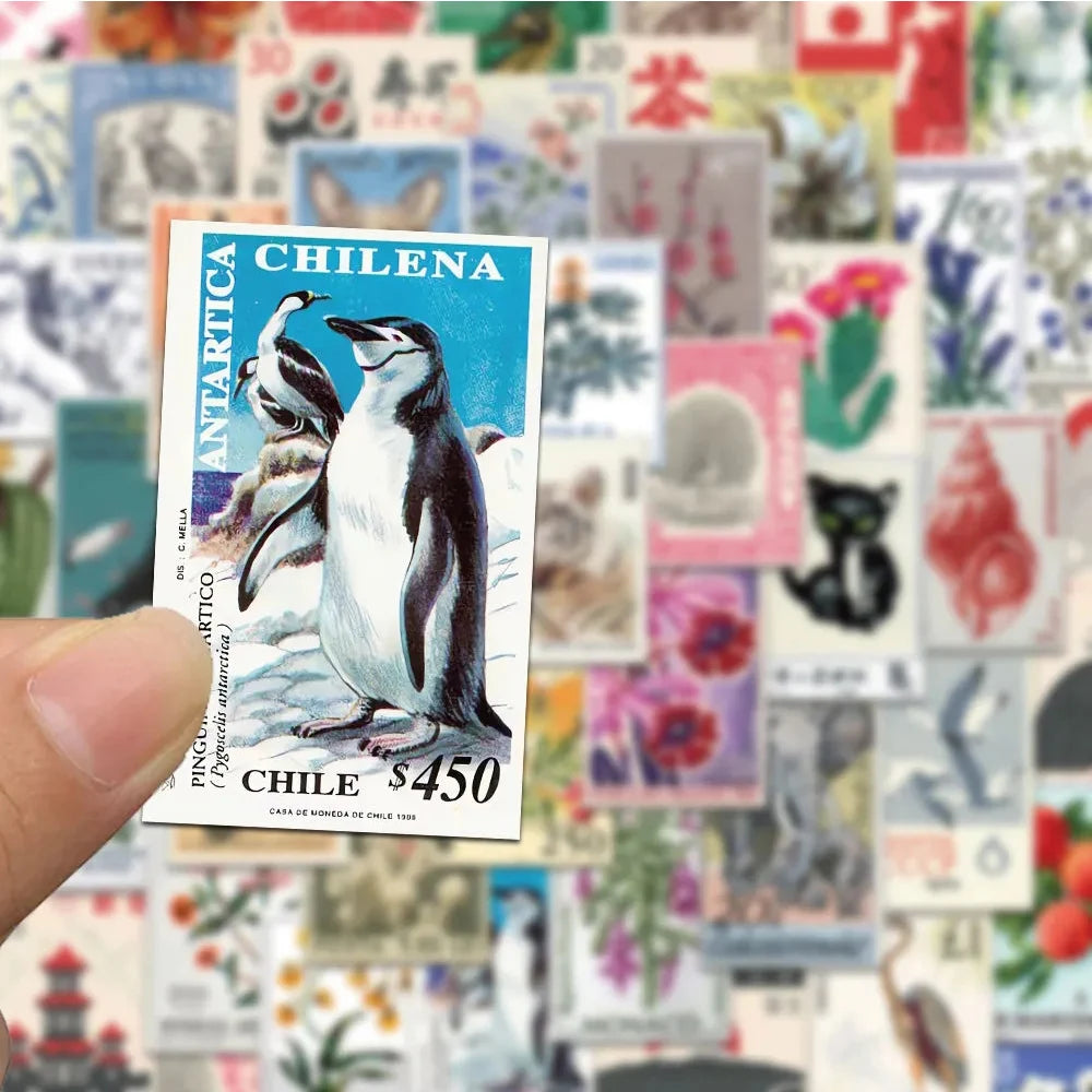 10/30/50pcs Retro Stamp Cartoon Stickers Vintage Postcard Decals DIY Stationery Fridge Suitcase Waterproof Sticker Packs