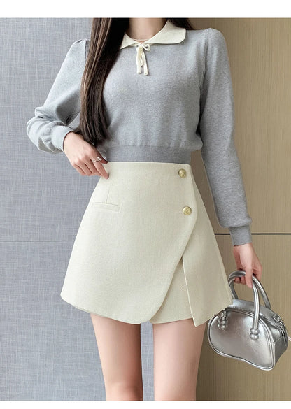 Autumn Winter Tweed Skirts Shorts Women Fashion Streetwear Cross Irregular Booty Shorts Pink Black Culottes Wide Leg Short Pants