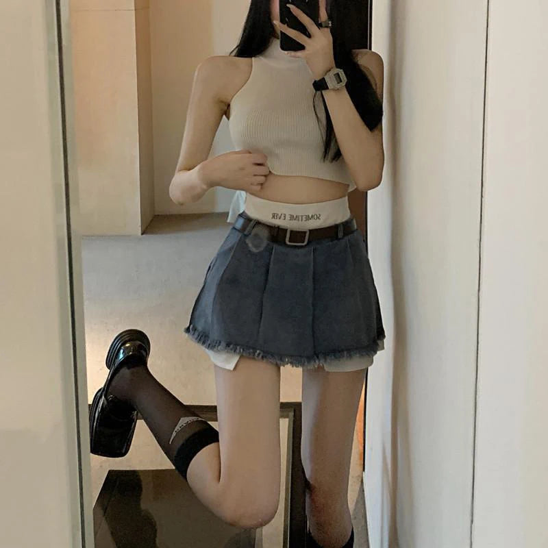 Gidyq Women High Waist Denim Skirts Summer Korean Fashion Patchwork Mini Skirts Streetwear Female Casual Tassels Jeans Skirts