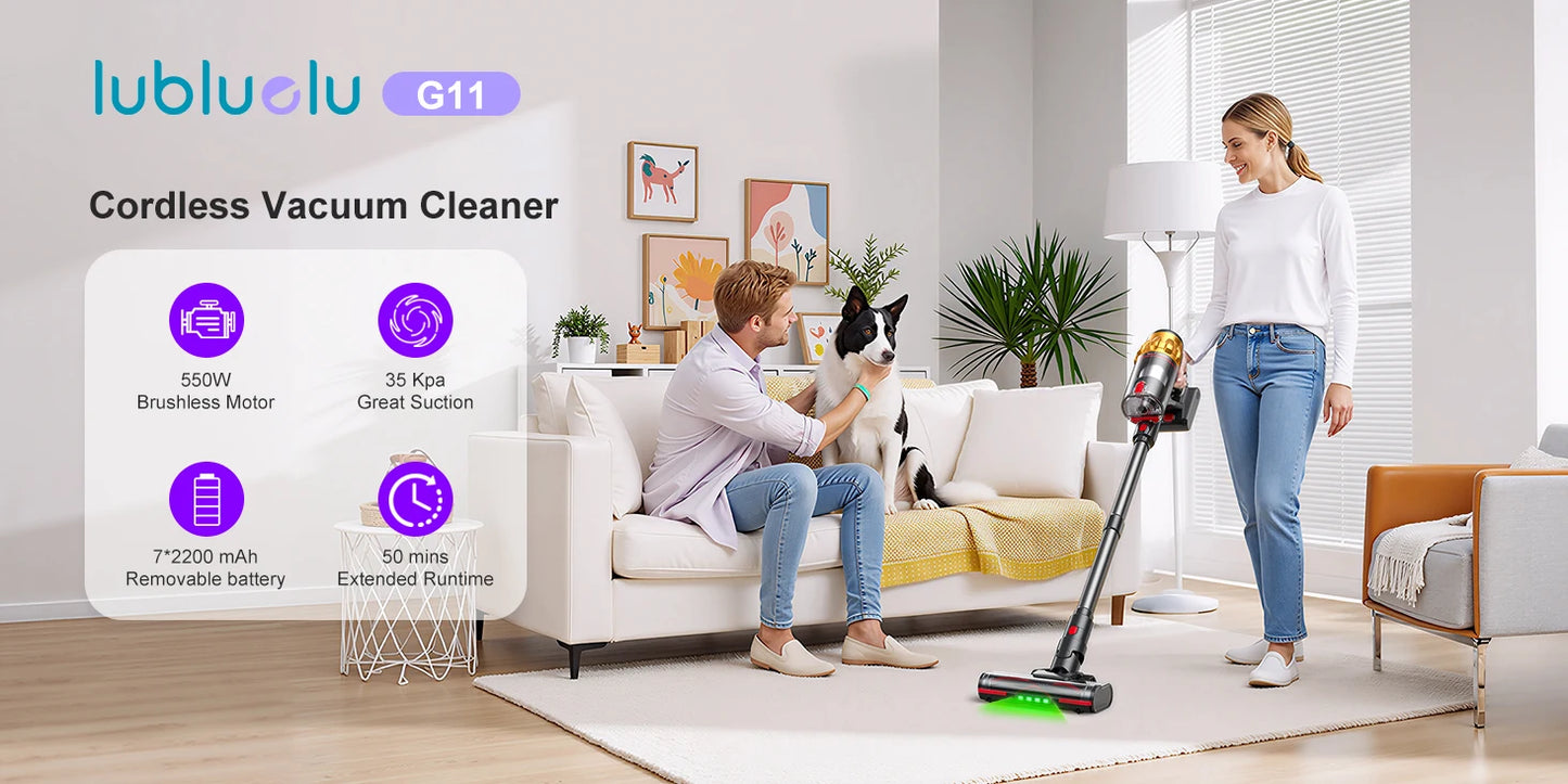 Lubluelu G11 Cordless Vacuum Cleaner 50KPA 50mis Long Running Time Floor Brush Automatically Combs the Hair to Prevent Tangling