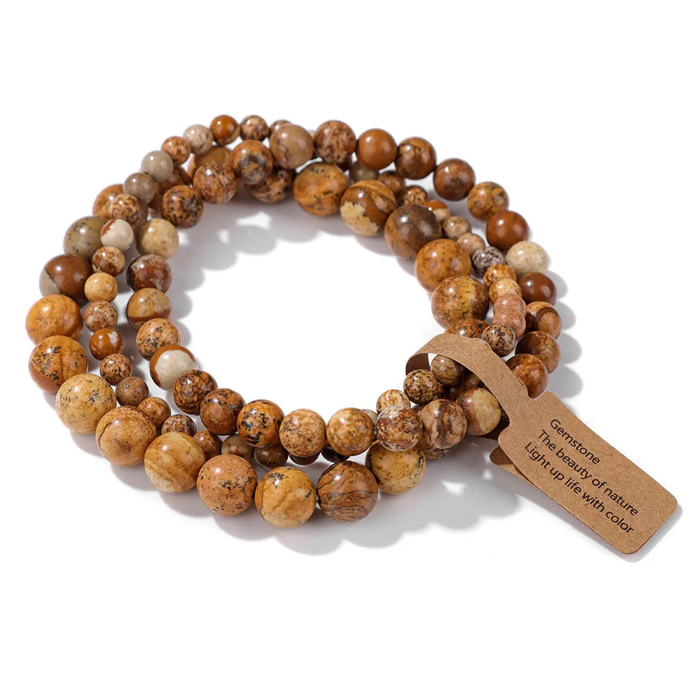 3pcs/set Natural Stone Beads Bracelet For Women Men 4 6 8 MM Indian Moss Agates Rhodonite Quartzs Jewelry Bracelet Gift Fashion