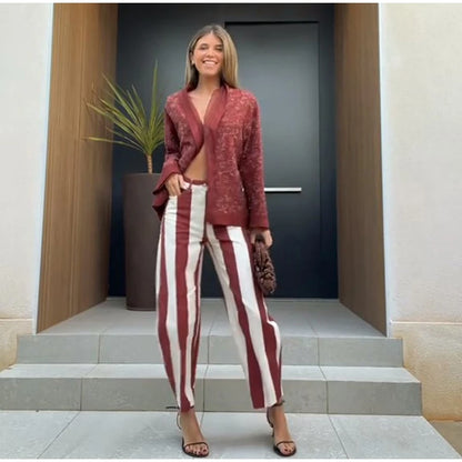 Casual Striped Women's Jeans Mid-rise Single Button Pockets Lady Curved-leg Pants 2026 Spring Summer Fashion Female Trousers