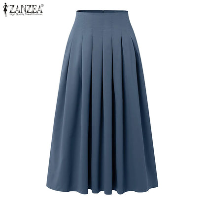 ZANZEA Fashion Holiday Faldas Mujer Casual Women Solid Color High Waist Jupe Femmes Elegant Commute Pleated Front Midi Skirts