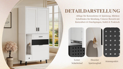 Multifunctional Cat Storage Cabinet with Stable Construction, Adjustable Shelves, Drawers, and Cat Bed Area – Cozy Activity Space for Cats, Pet Furniture with Arch Openings