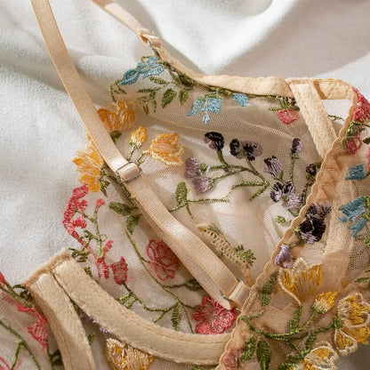 2-Piece Embroidery Lingerie Set Sexy Floral Sheer Wireless Bra Boho Bra Panty Set