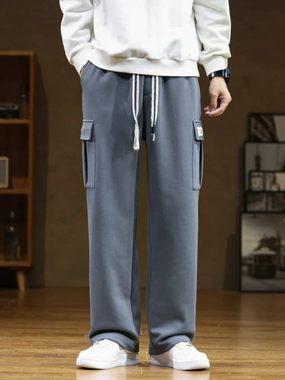 2024 New Sweatpants Men Multi-Pockets Drawstring Cotton Casual Wide Pants Male Loose Straight Trousers Large Size 8XL