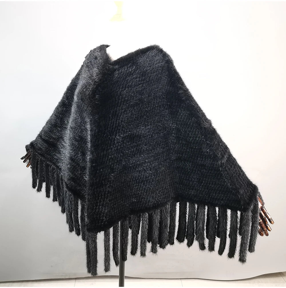Fashion Women Fur Shawl Winter Knitted Real Mink Fur Stole With Fur Hood Knitted Mink Poncho Pashmina