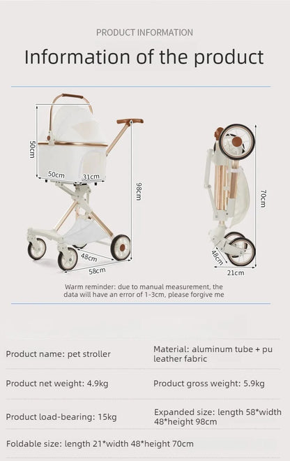 Foldable Dog Stroller Milk White PU Waterproof High Landscape Pet Stroller Outdoor Travel Pet Trolley Bearing Weight 15 KG