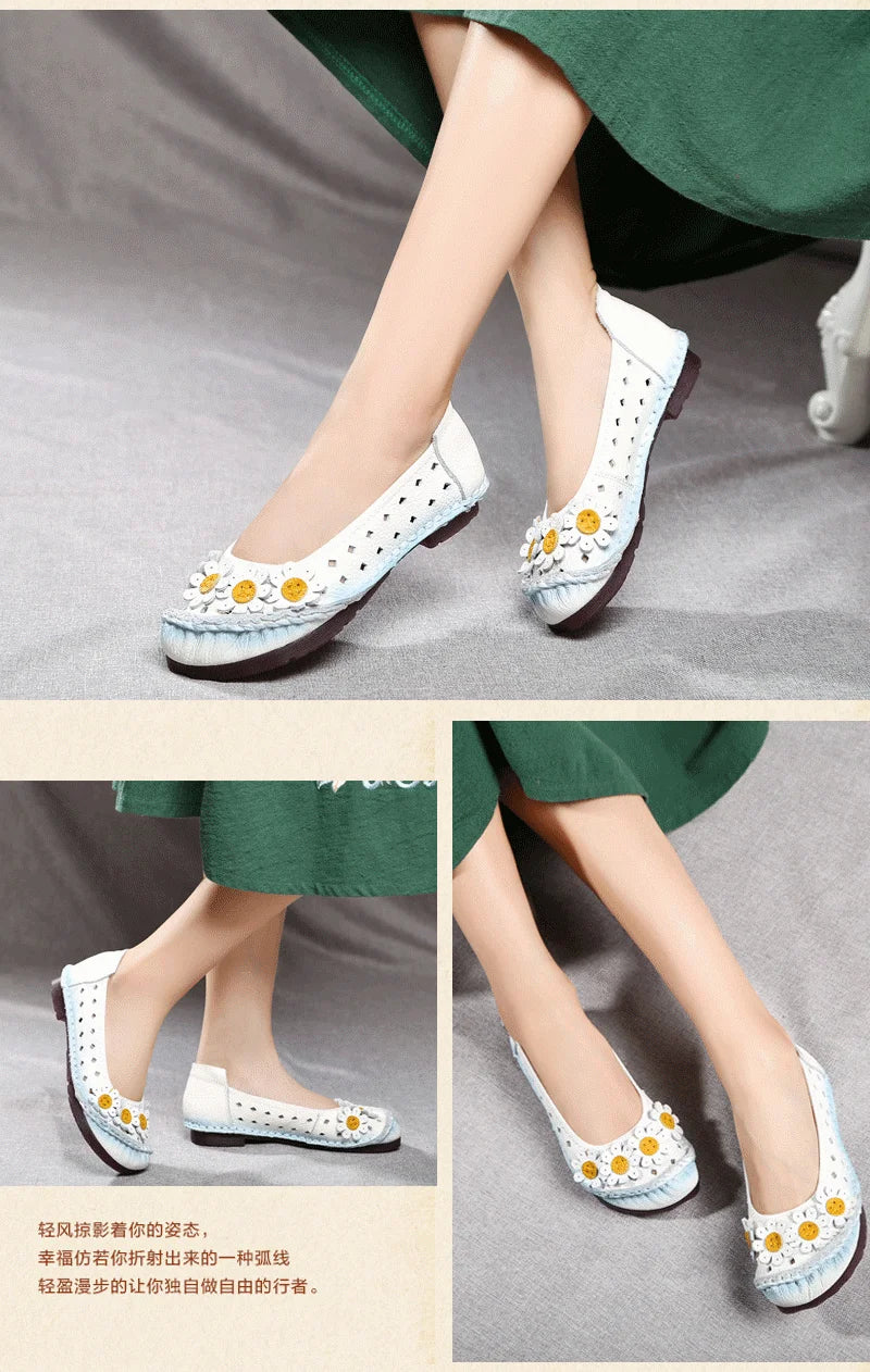 Vintage Flower Moccasins Woman Genuine Leather Ballet Flats Ladies Hollow Slip Ons Women's Luxury Loafer Purple Walking Shoes 42