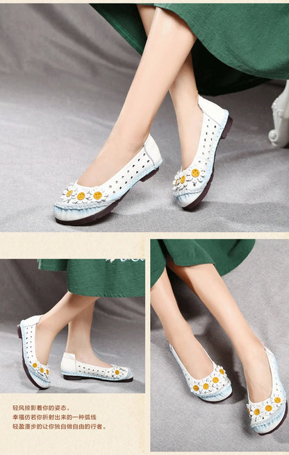 Vintage Flower Moccasins Woman Genuine Leather Ballet Flats Ladies Hollow Slip Ons Women's Luxury Loafer Purple Walking Shoes 42