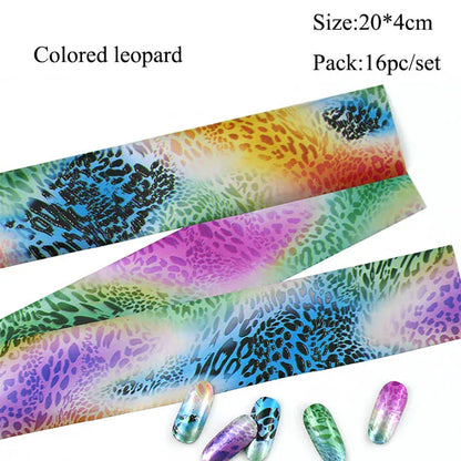 16Pc Holographic Nail Foil Set Starry Transfer 20*4cm Sticker Laser Flowers Leopard Mix Design Decal DIY Nail Art Decoration