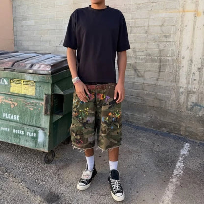 Y2K American Cargo Shorts Paint Splatter Camouflage Pattern Bottom New Trendy Retro Hip Hop Streetwear Unisex Baggy Short Pants