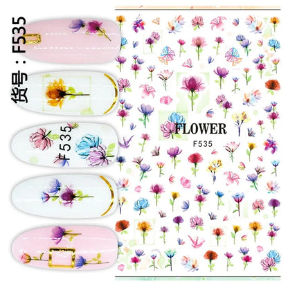 3d Nail Art Decals Watercolor Florals Purple Green Pink Flowers Leafs Fruit Adhesive Sliders Nail Stickers For Manicure