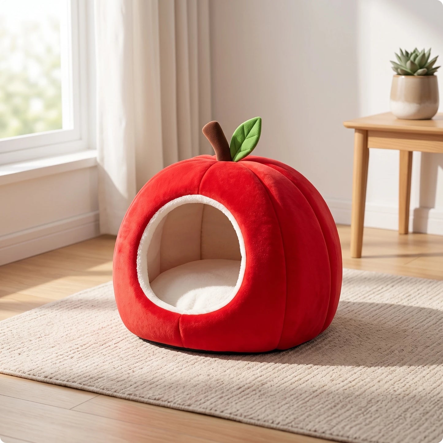Apple-Shaped Pet Bed Cozy Enclosed Pet Bed with Removable Cushion Hideaway Cat House Warm Cat House with Cushion Soft for Cats