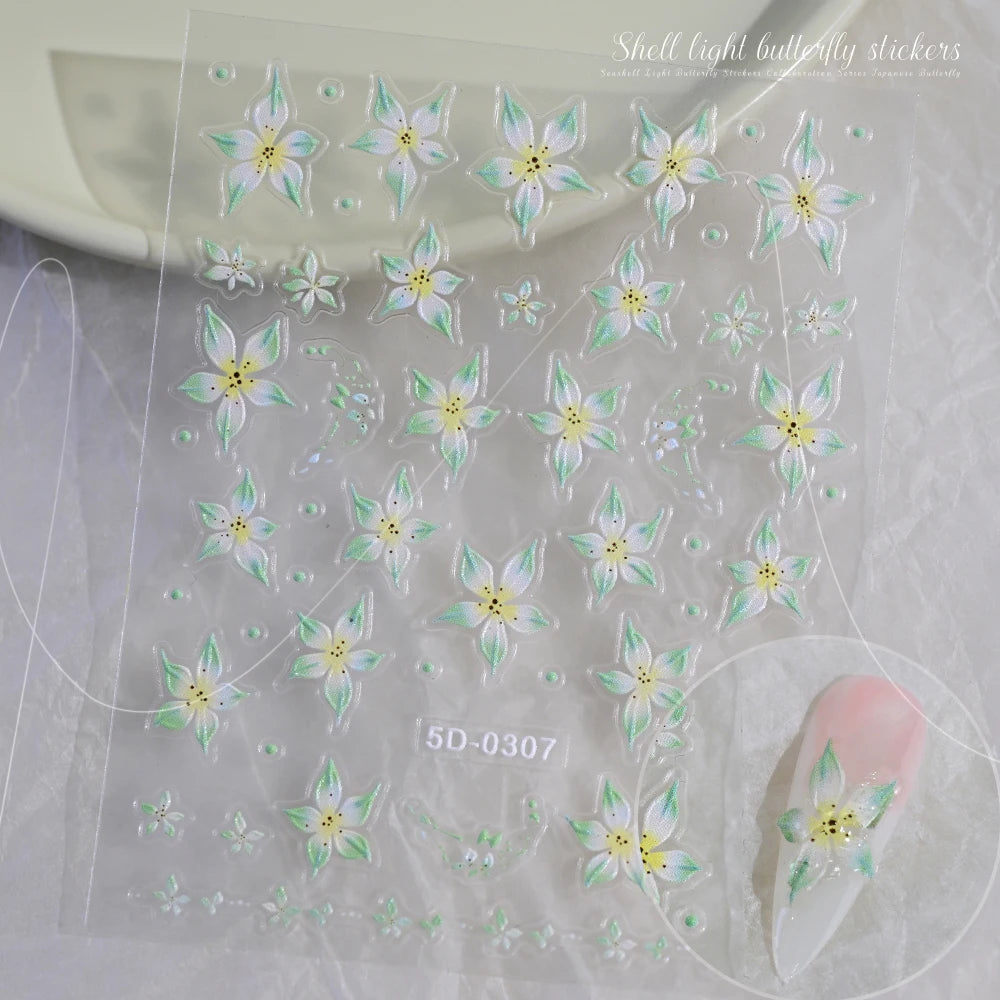5D Hibiscus Flower Nail Embossed Sticker Acrylic Pink White Gold Petal Leaf Adhesive Decal Butterfly Dragon Floral Elegant Decor